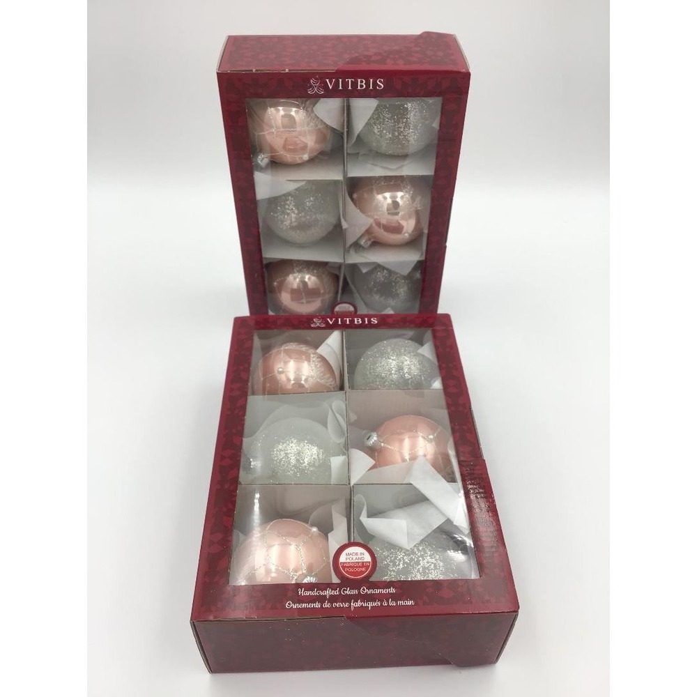 Vitbis Handcrafted Glass Ornaments Set of 12 Rose Gold White Glitter Poland